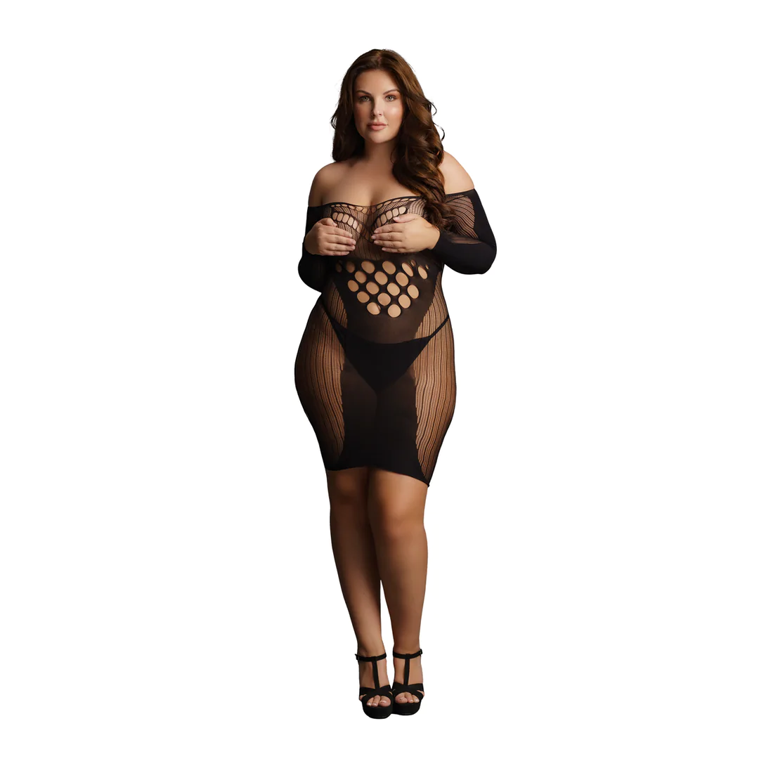 Contrast Net Long Sleeved Mini Dress - Plus Size - obrazek 3